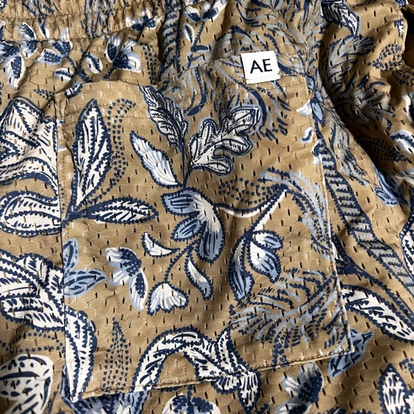 Men’s Mesh Floral Drawstring Shorts in Tan and Blue - Picture 5 of 5
